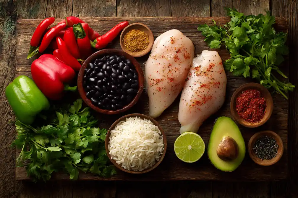 Raw ingredients for Cajun chicken bowl laid out on a cutting board