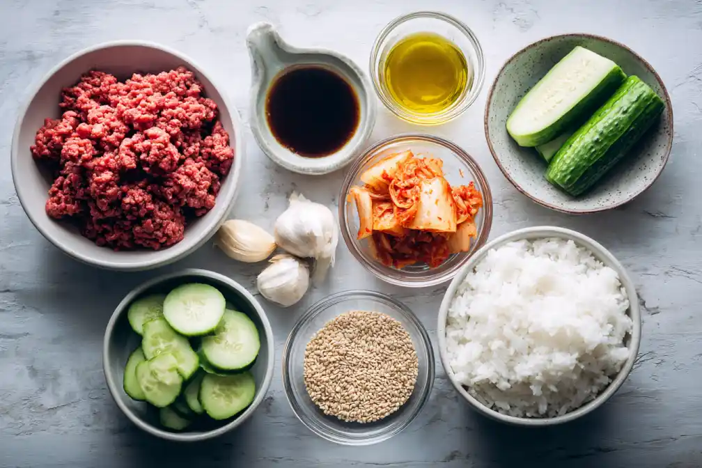 Fresh ingredients for a ground-beef bulgogi rice bowl recipe