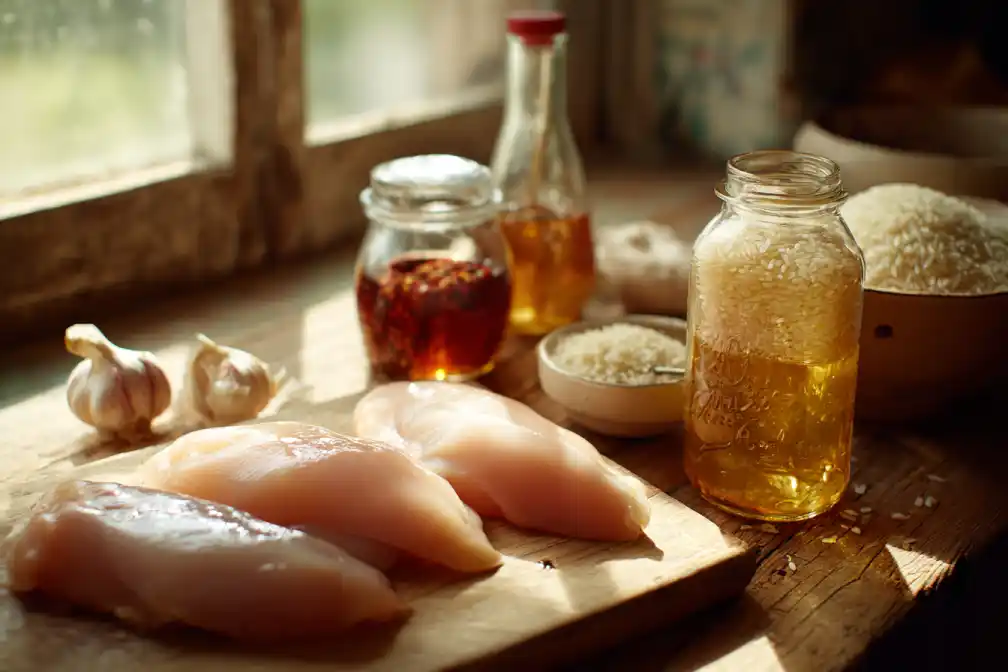Display of raw ingredients used in hot honey chicken bowls recipe