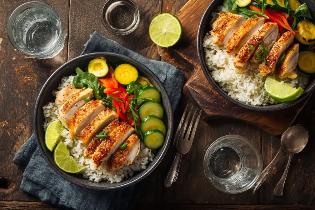 Ready-to-eat Cajun chicken bowls with rice and toppings