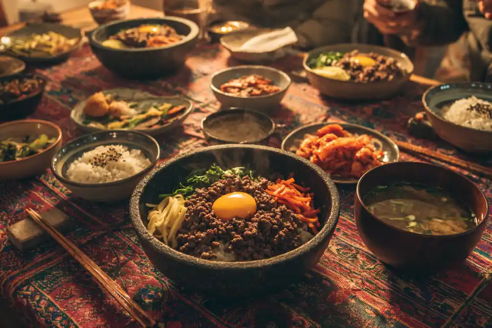 Ground-beef bulgogi rice bowls with kimchi and soup