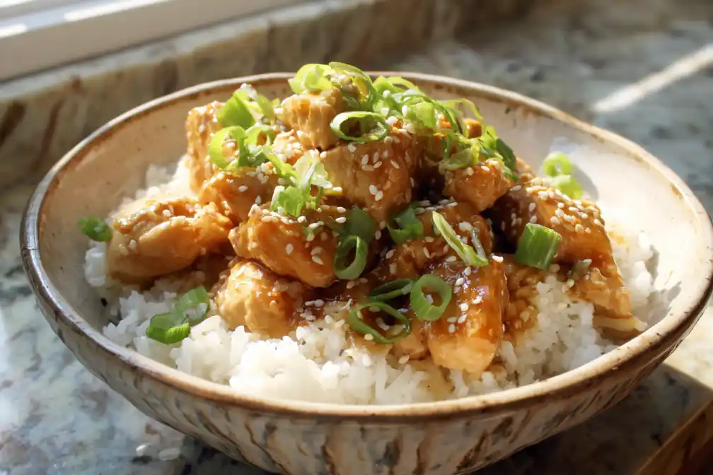 A bowl of slow cooker hot honey chicken with rice and toppings