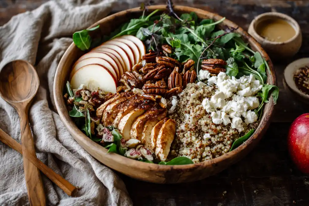serving of apple cider chicken quinoa bowl