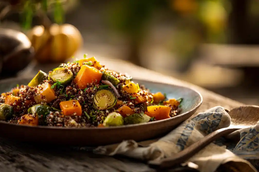 Autumn harvest grain bowl on rustic Texas ranch table
