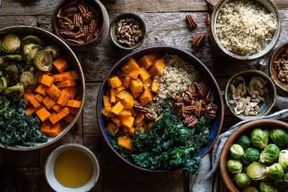 Ingredients for autumn harvest grain bowl with grains and roasted vegetables