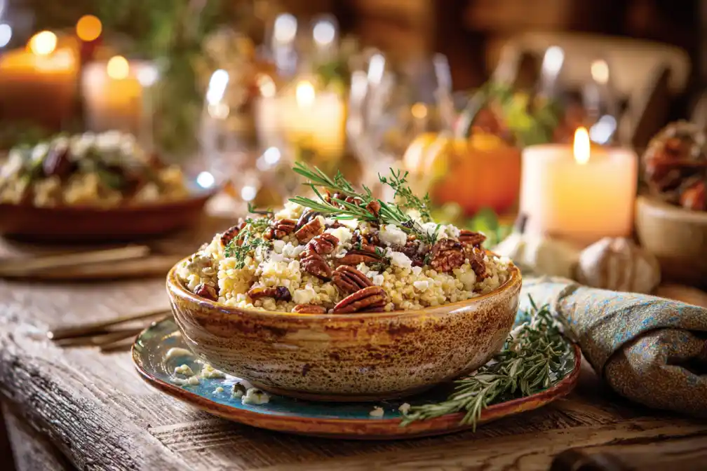 Served autumn harvest grain bowl with feta and pecans