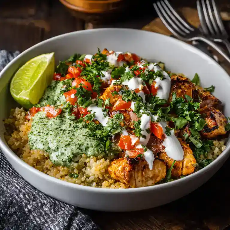 served baja hot honey chicken bowl with toppings