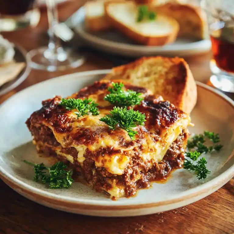served slice of slow cooked beef ragu lasagne
