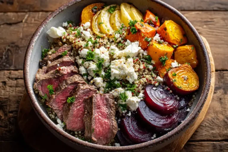 A vibrant beef and roasted root veggie power bowl in a white ceramic bowl.