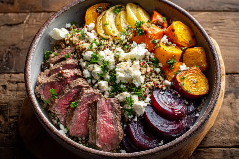 A vibrant beef and roasted root veggie power bowl in a white ceramic bowl.