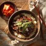 Bibigo beef bulgogi rice bowls served with kimchi