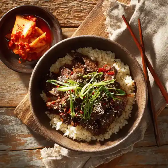 Bibigo beef bulgogi rice bowls served with kimchi