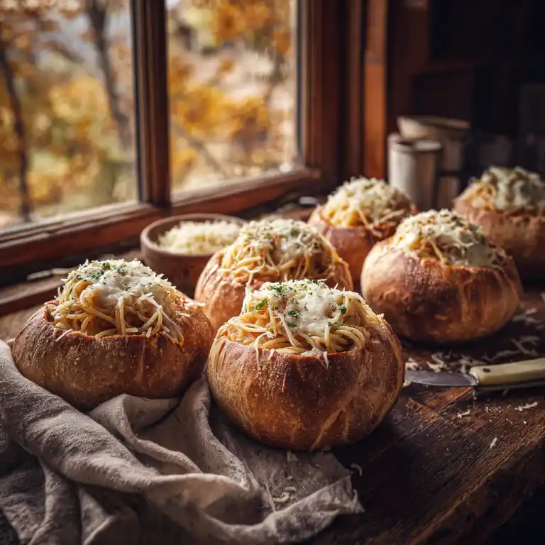 bread bowl pasta served in golden rolls