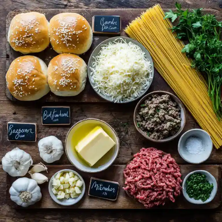 bread bowl pasta ingredients on wood surface