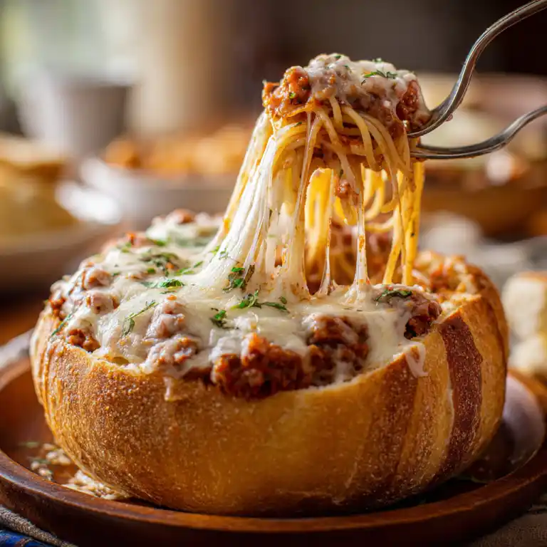 bread bowl pasta served with cheese and meat sauce