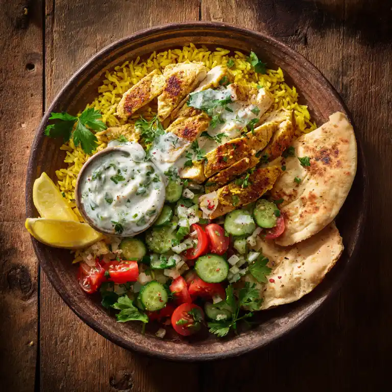 chicken Mediterranean bowl with tzatziki and salad