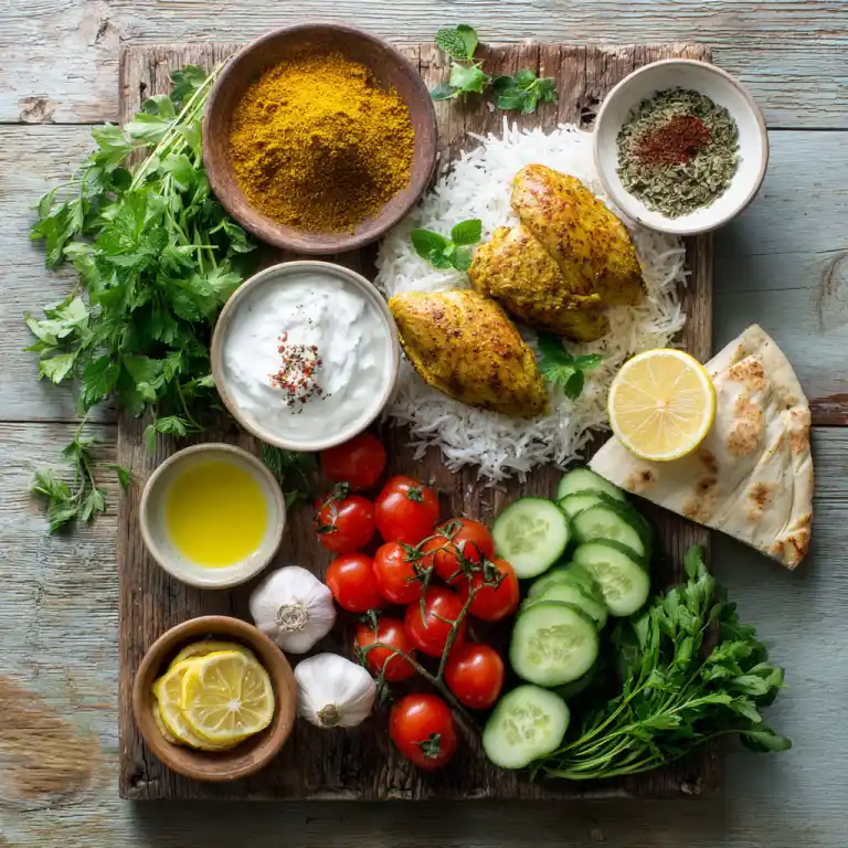 ingredients for chicken Mediterranean bowl on prep board