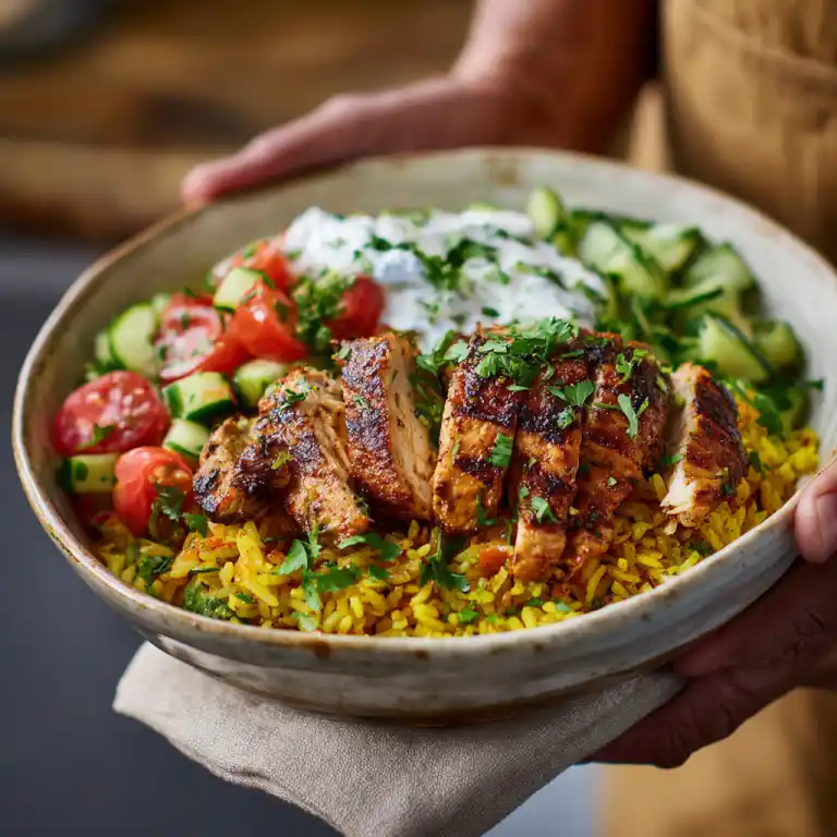 served chicken Mediterranean bowl with yogurt and herbs