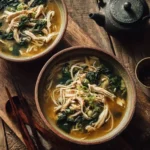 chicken noodles Chinese soup in rustic bowls