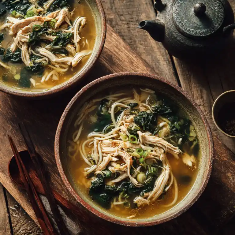 chicken noodles Chinese soup in rustic bowls