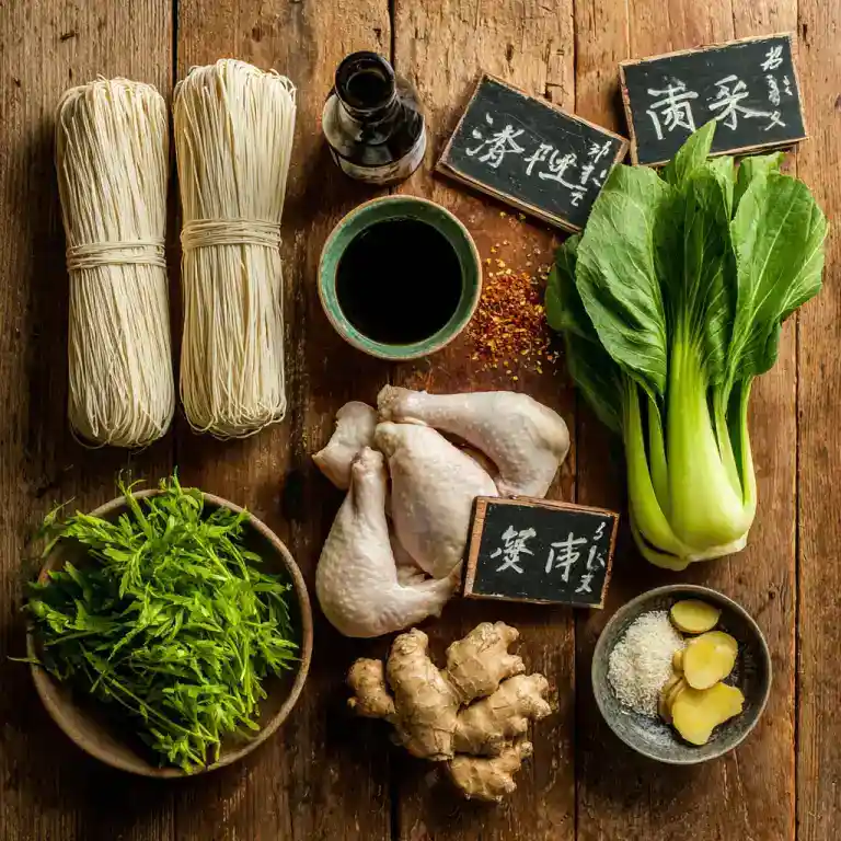 chicken noodles Chinese soup ingredients layout