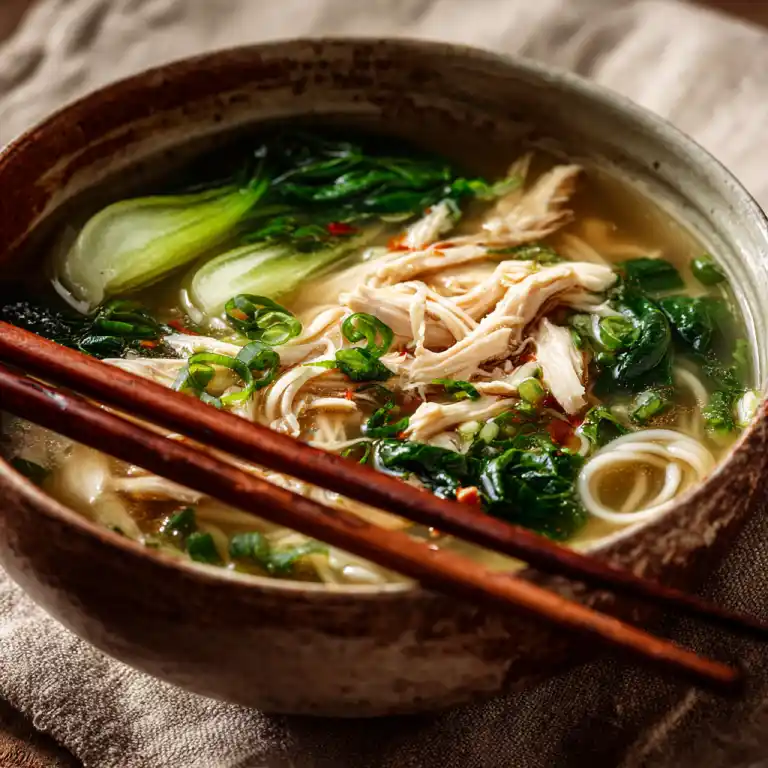bowl of chicken noodles Chinese soup being served