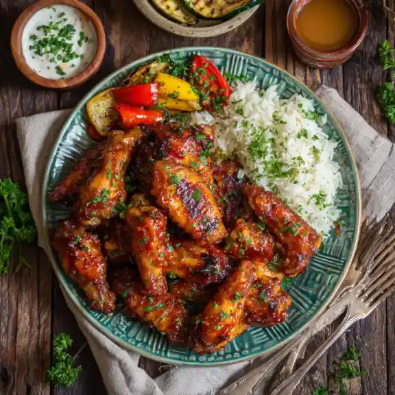 plated chicken wings slow cooker honey garlic with sides