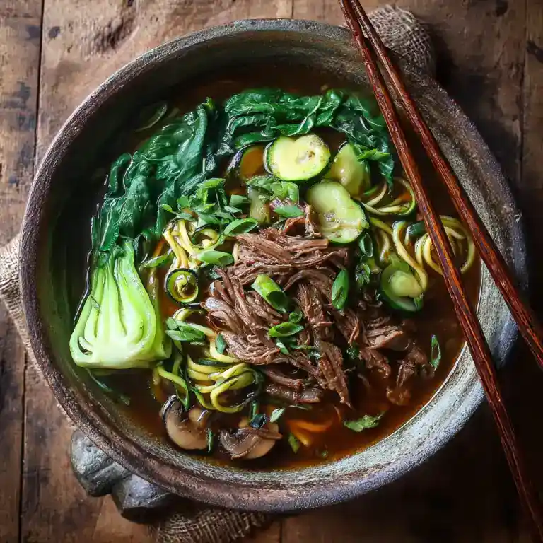 chinese beef noodle soup instant pot with spiralized zucchini and mushrooms
