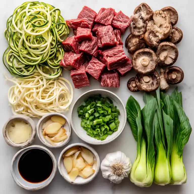 flat lay of ingredients for chinese beef noodle soup instant pot