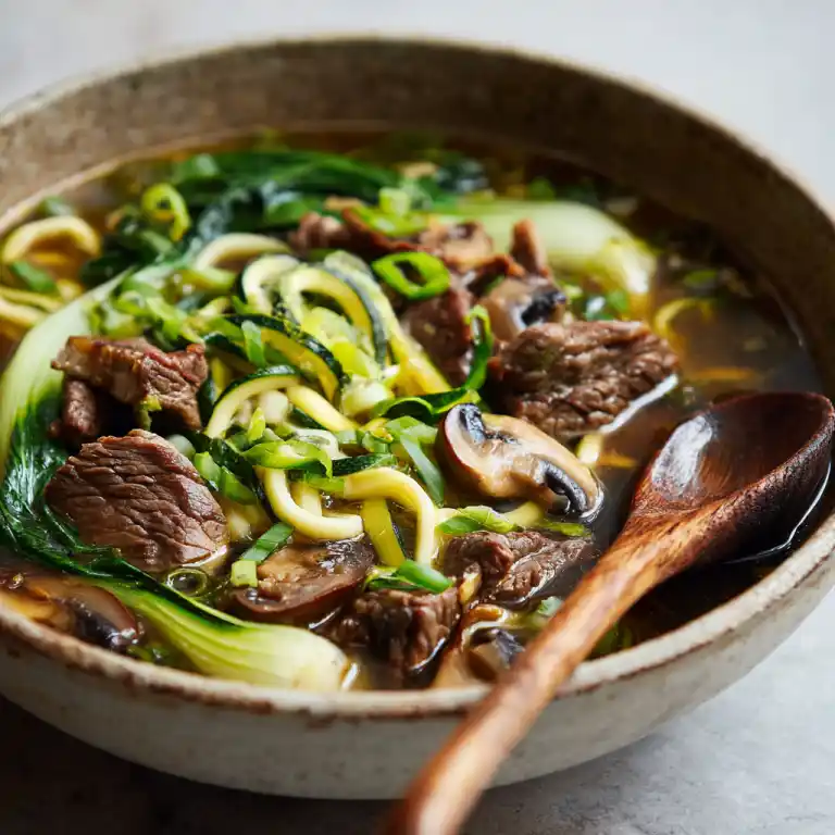 serving bowl of chinese beef noodle soup instant pot with beef and bok choy