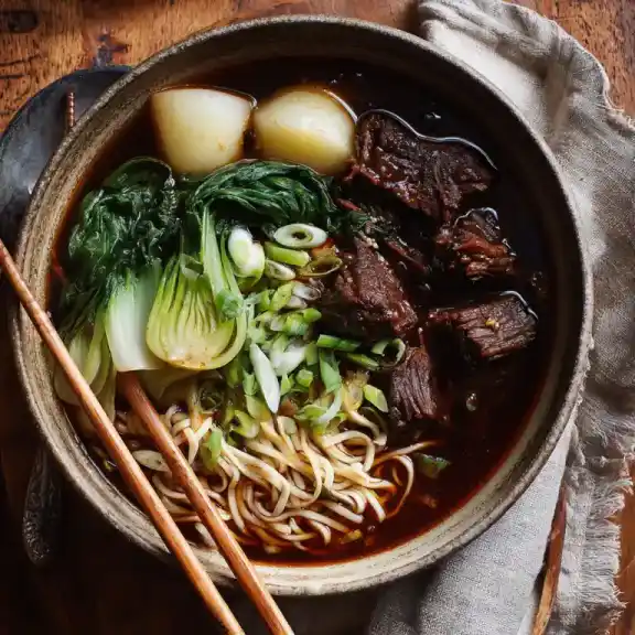 chinese braised beef noodle soup with beef, bok choy, and noodles