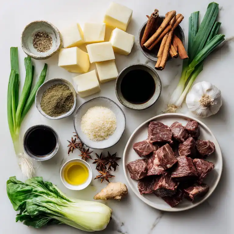 flat lay of ingredients for chinese braised beef noodle soup