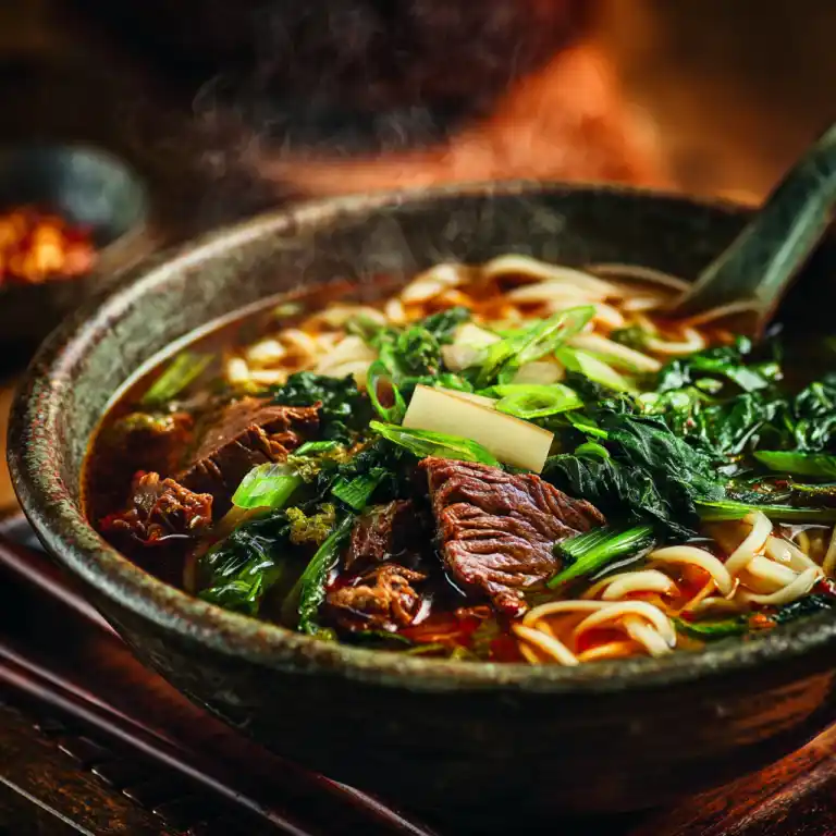 served bowl of chinese braised beef noodle soup with noodles and greens