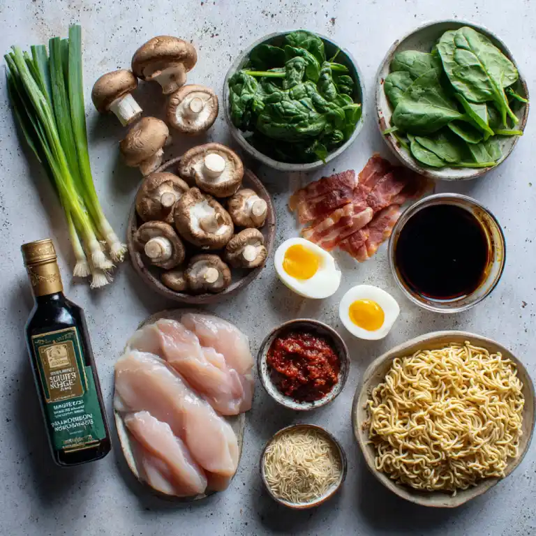 flat lay of ingredients for chinese chicken noodle soup ramen spinach