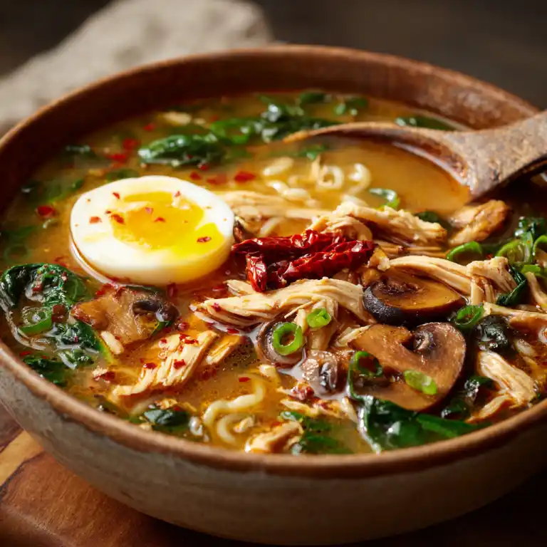 serving bowl of chinese chicken noodle soup ramen spinach with toppings