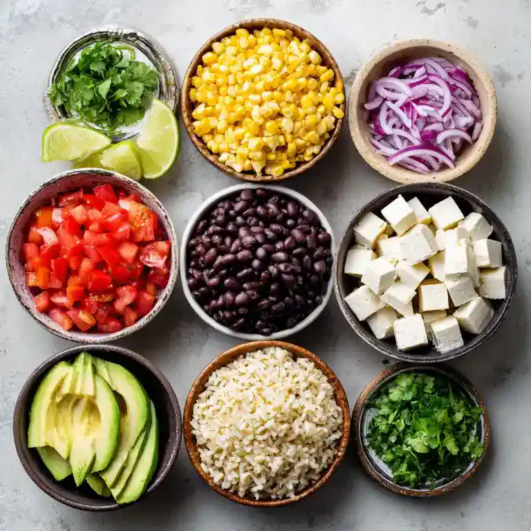 Ingredients for chipotle-style vegetarian burrito bowl