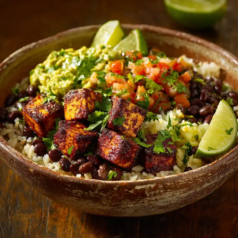 Chipotle burrito bowl vegetarian with guacamole and tofu