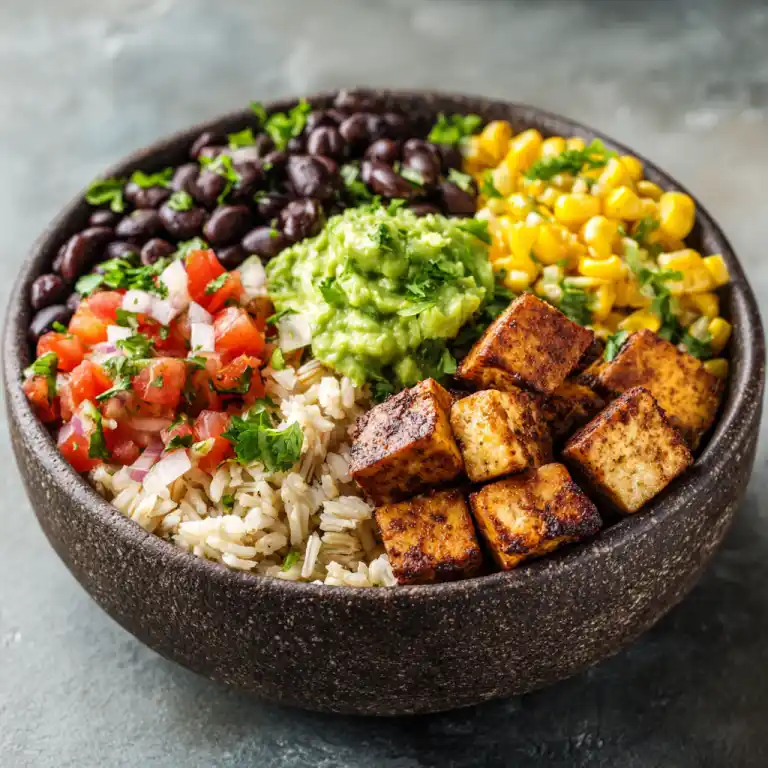 Vegetarian chipotle burrito bowl with colorful toppings