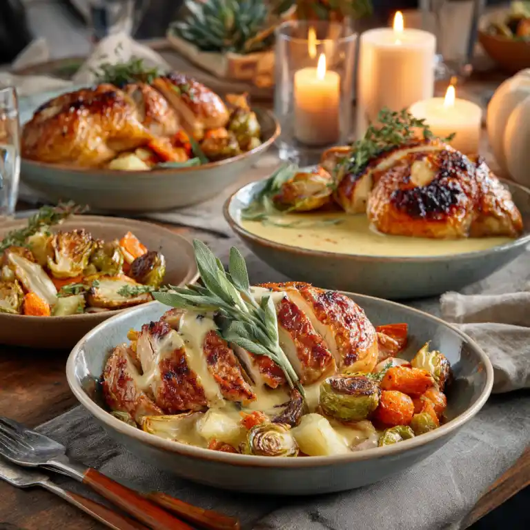 serving fall chicken recipes with pumpkin on farmhouse table