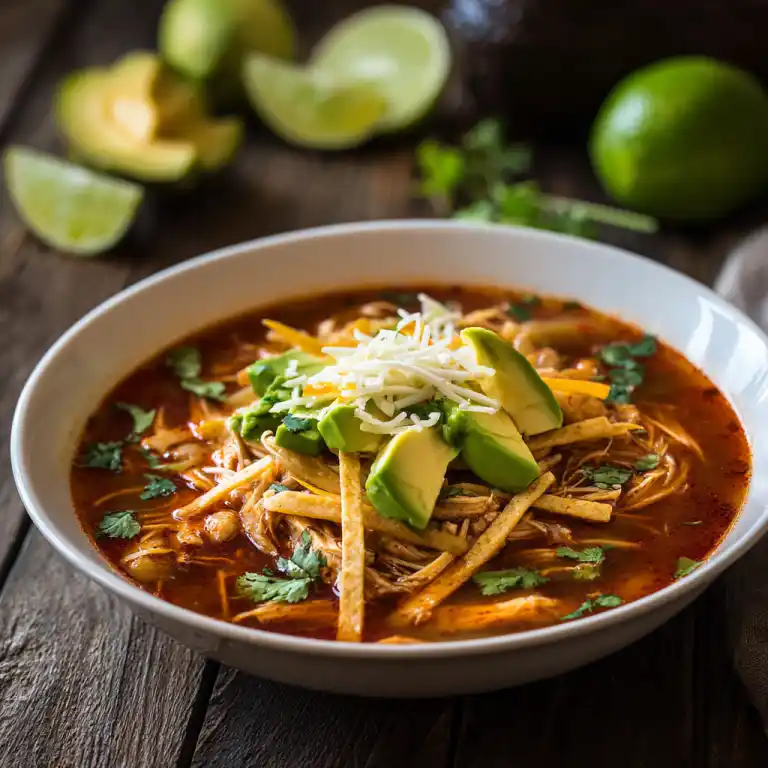 serving instant pot chicken tortilla soup with toppings
