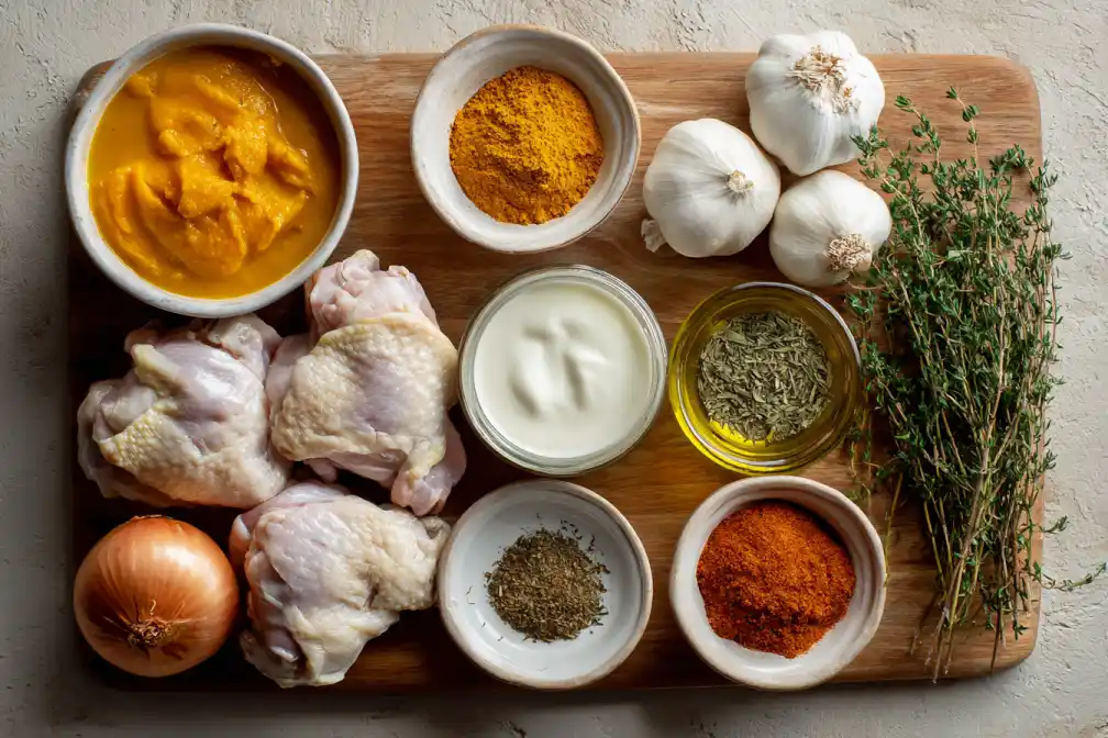 ingredients for creamy pumpkin chicken skillet bowl