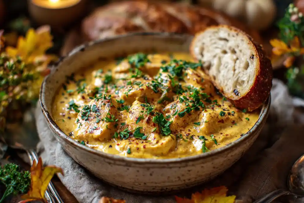 served creamy pumpkin chicken skillet bowl with bread