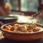creamy pumpkin chicken skillet bowl in rustic kitchen
