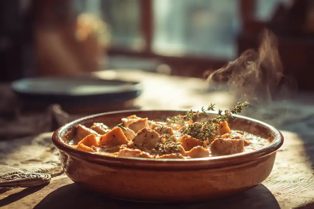 creamy pumpkin chicken skillet bowl in rustic kitchen