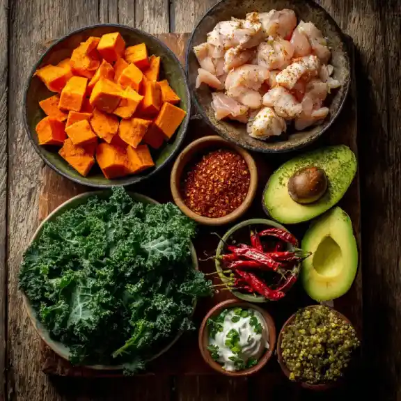 Ingredients for Crispy Chicken & Roasted Sweet Potato Bowl on rustic surface