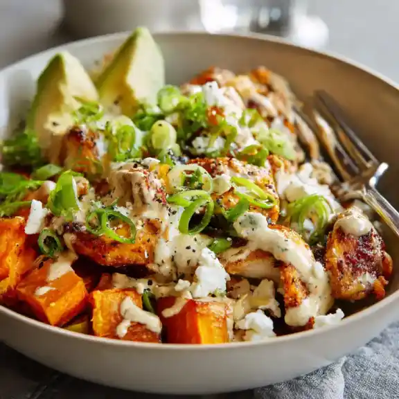 Crispy Chicken & Roasted Sweet Potato Bowl served with feta and chipotle drizzle