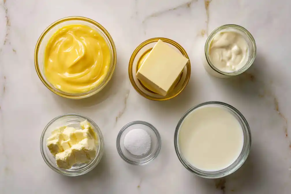 Ingredients for gluten free mango cream dessert laid out in glass bowls