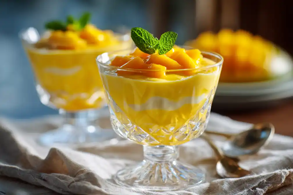 Served gluten free mango cream dessert with mango jelly and mint garnish