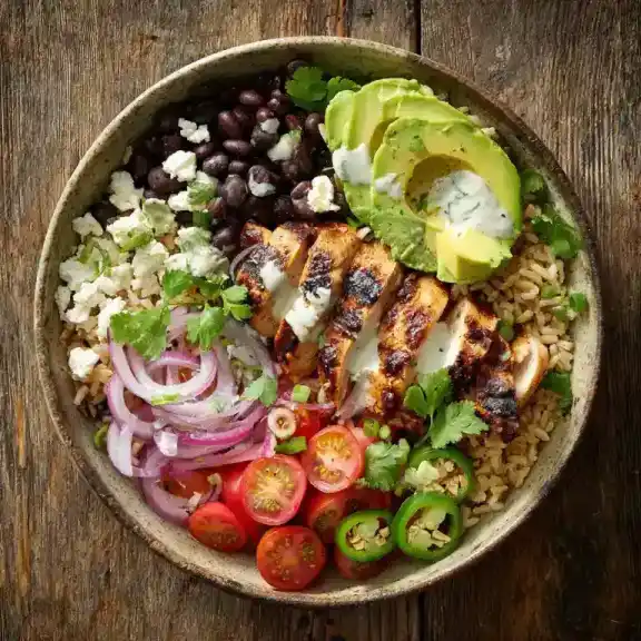 grilled chicken power bowl with fresh toppings