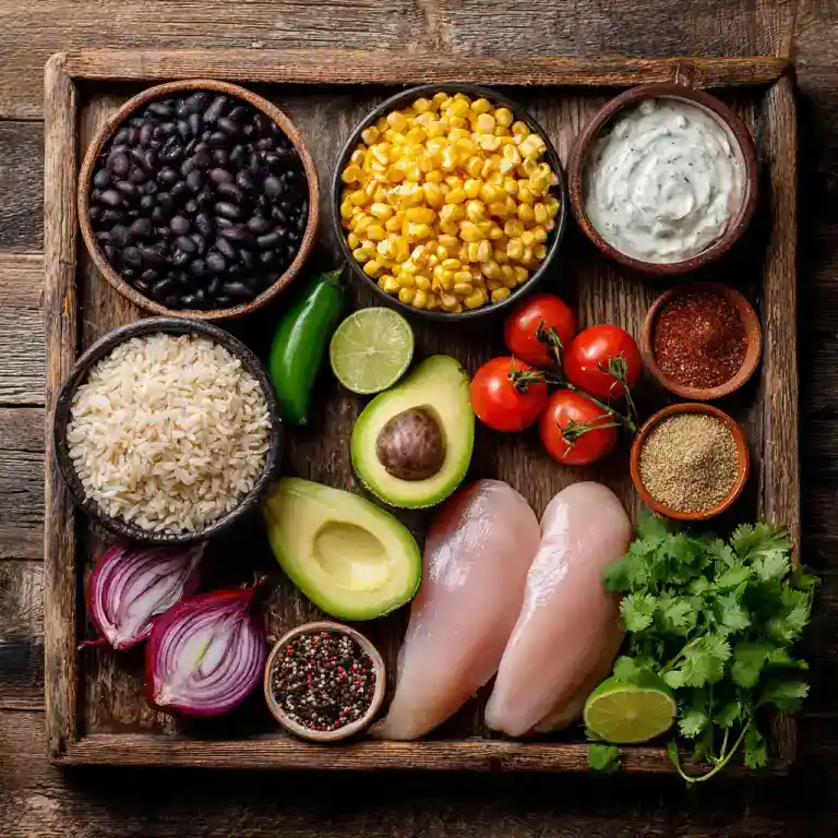 grilled chicken power bowl ingredients on prep board